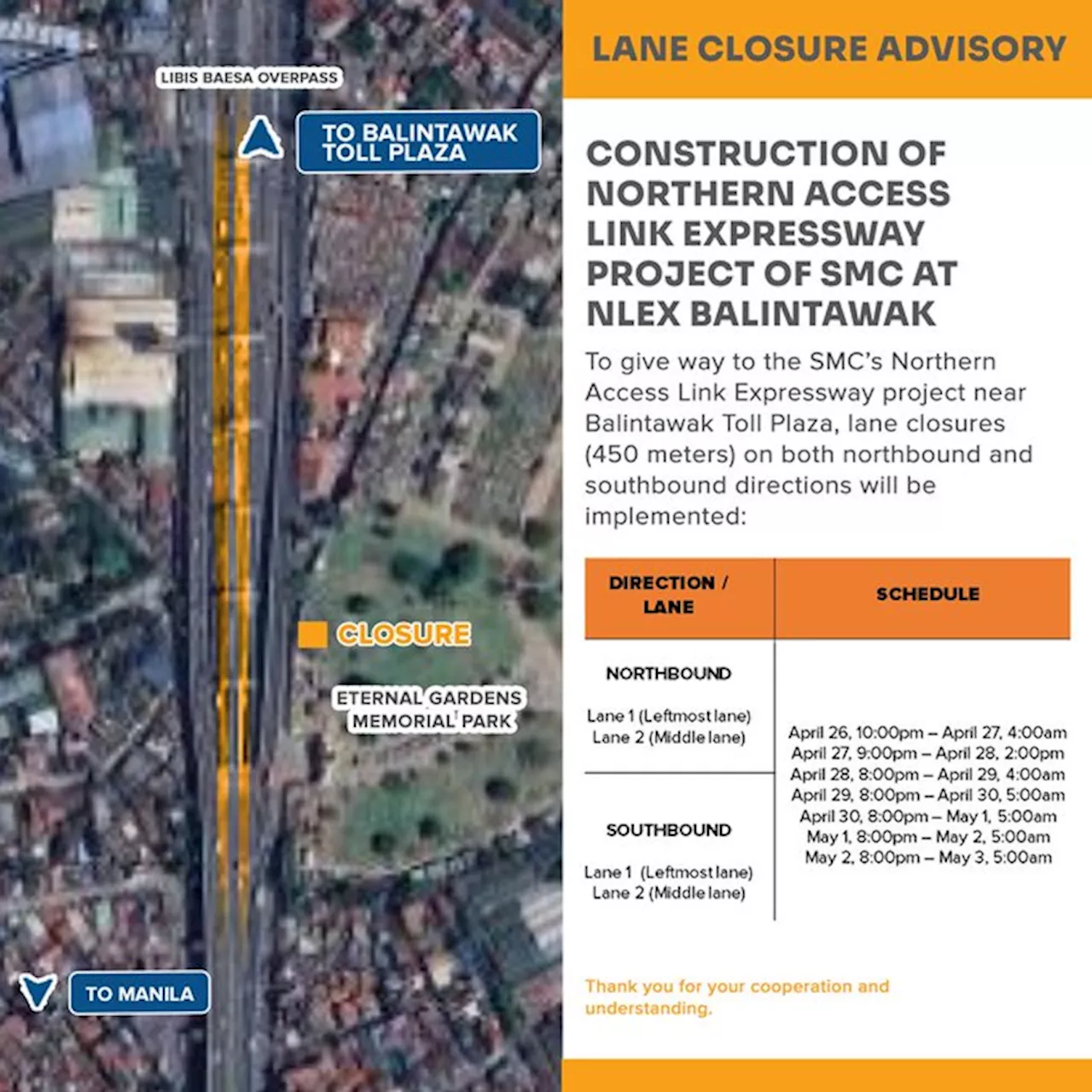 NLEX, DPWH, MMDA announce week to month-long road closures