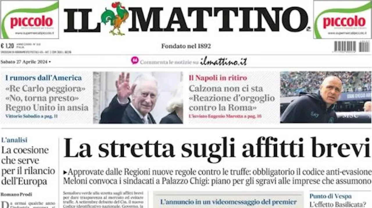 Il Mattino apre con la richiesta di Calzona: 'Napoli, reazione d'orgoglio contro la Roma'