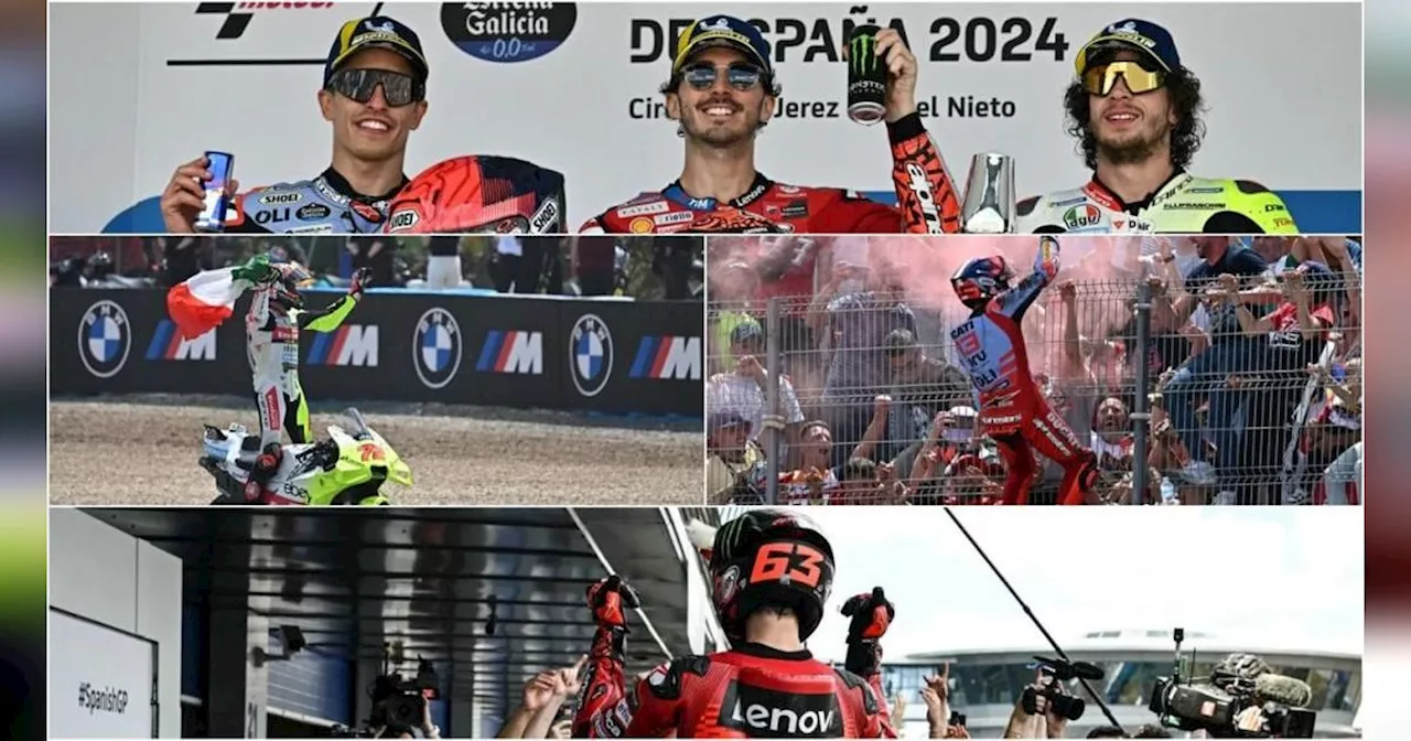 FOTO: Pesta Podium Pecco, Marquez dan Bezzecchi Rayakan Kemenangan Usai Tampil Sengit di MotoGP Spanyol 2024