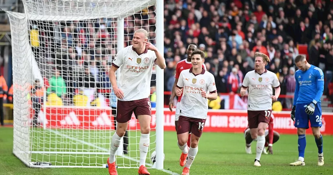 Erling Haaland has a pop at Nottingham Forest pitch after Man City win