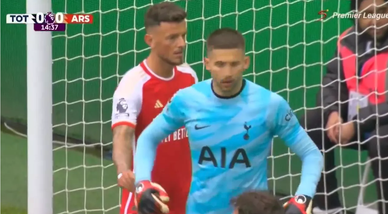 Ben White appears to try and take Guglielmo Vicario’s glove off before Arsenal opener in north London d...