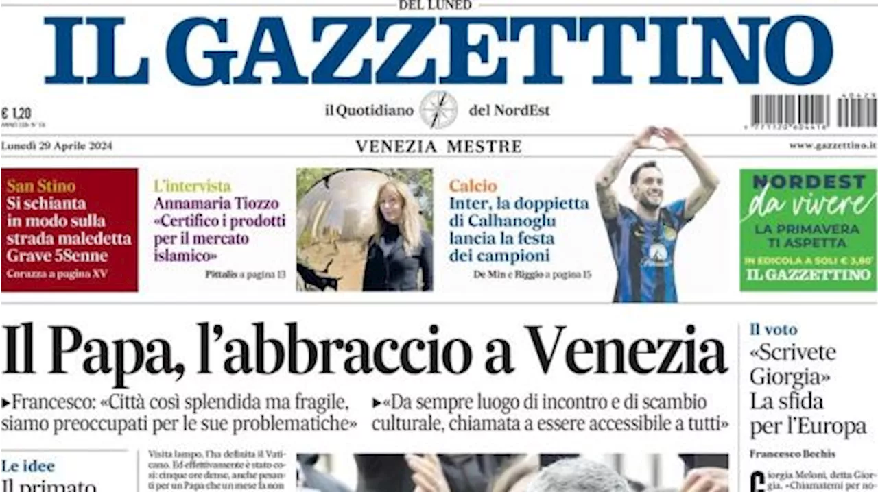 Il Gazzettino in prima sull'Inter: 'Doppietta Calhanoglu lancia la festa dei campioni d'Italia'