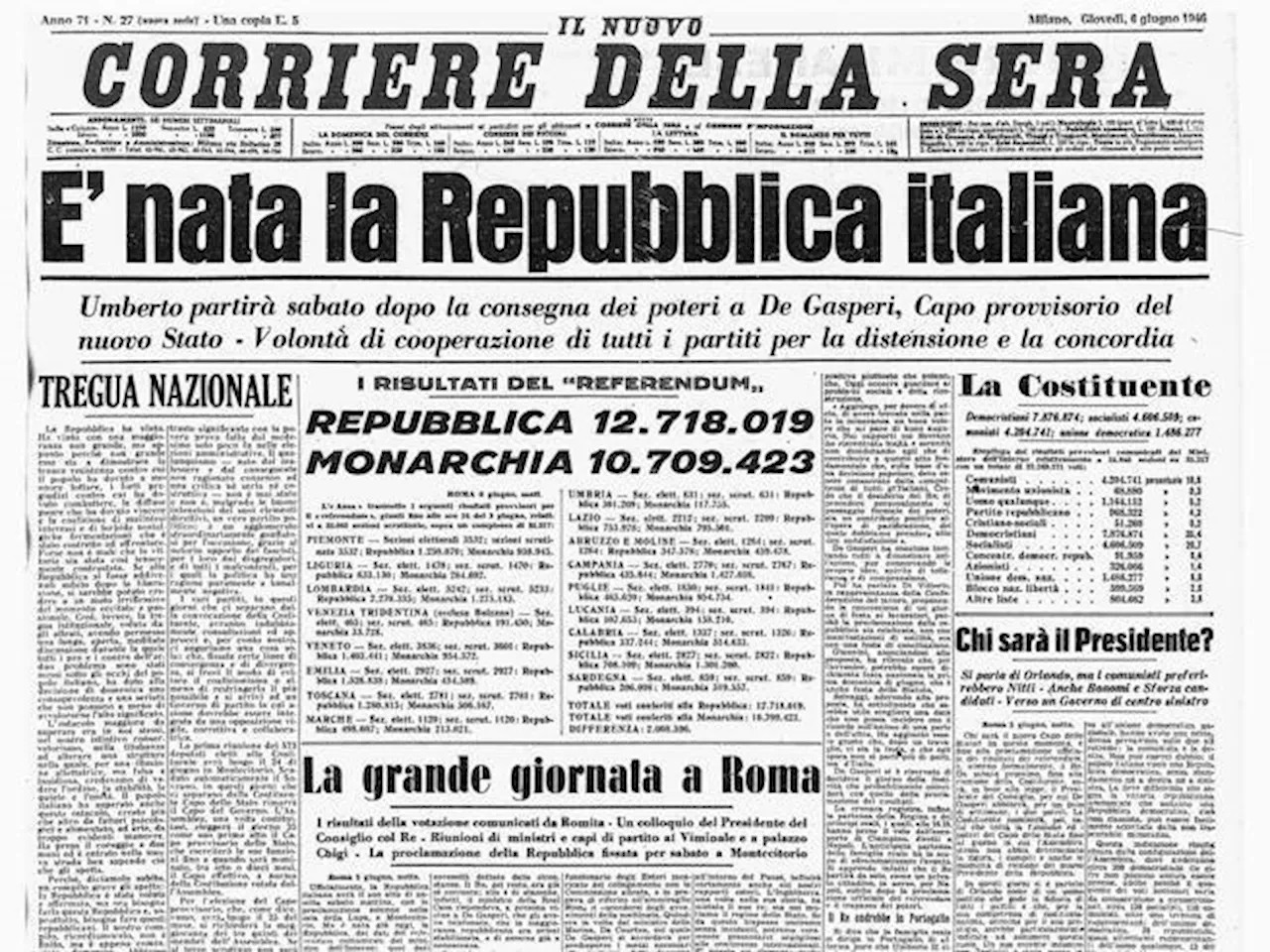 6 giugno 1946, la Repubblica vince il referendum: la prima pagina del Corriere. Barbara Stefanelli: «Il...