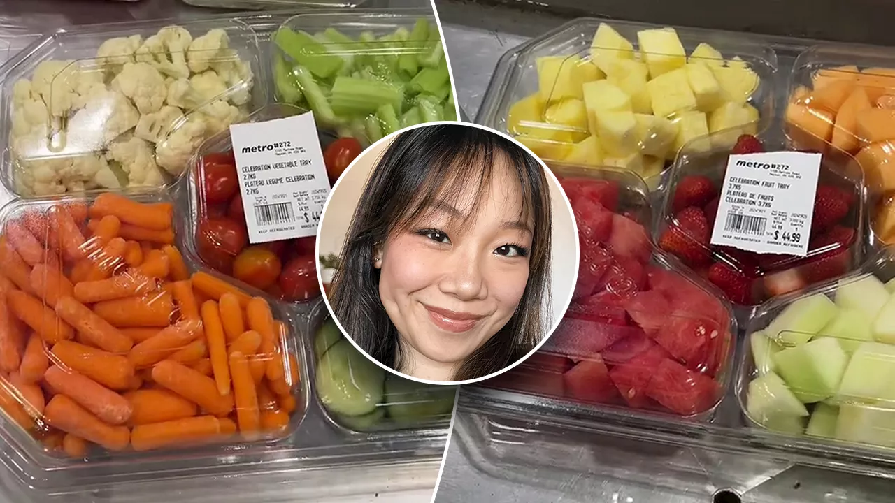 Woman shocked by expensive vegetable and fruit platters at grocery store