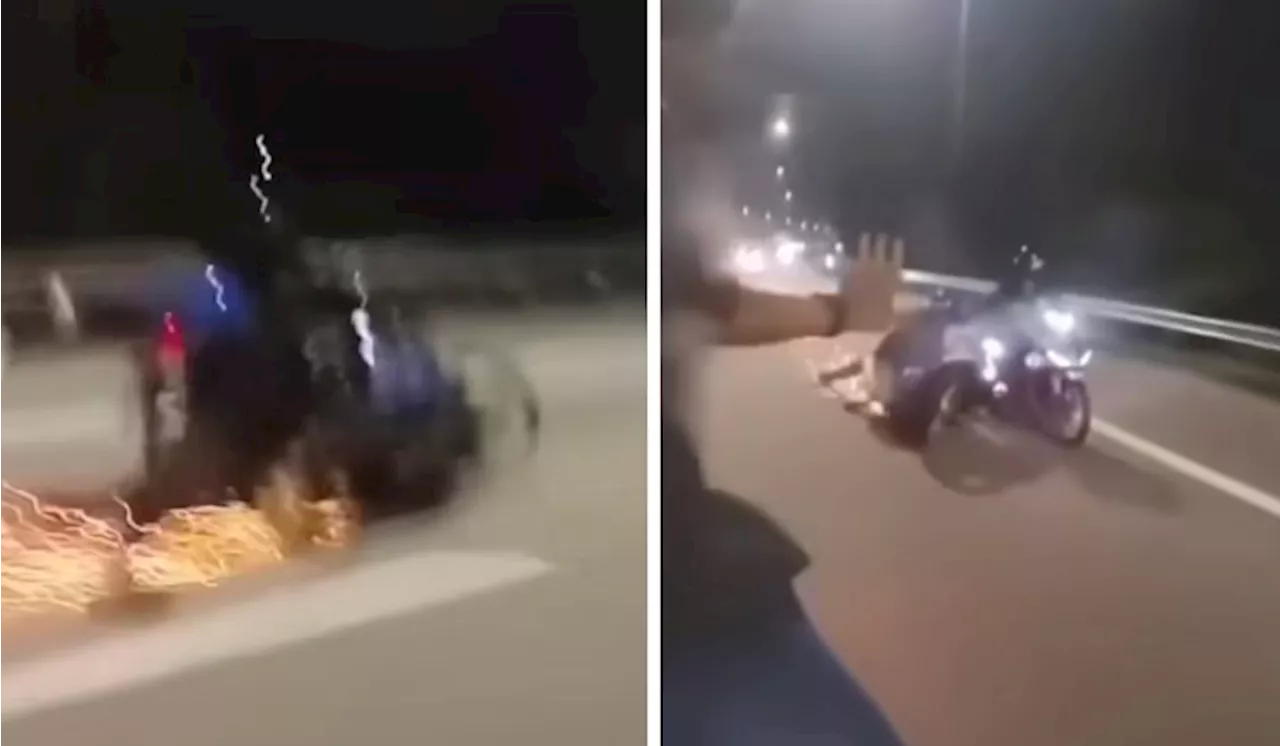 [Watch] Mat Rempit’s Motorcycle Burst Into Flames During Illegal Highway Race