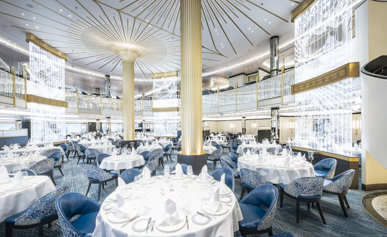 Inside Cunard Queen Anne’s Britannia Restaurant, designed by David Collins Studio