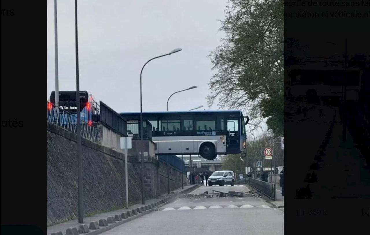 Un bus d'Île-de-France Mobilités se retrouve à moitié dans le vide après une sortie de route à Meaux