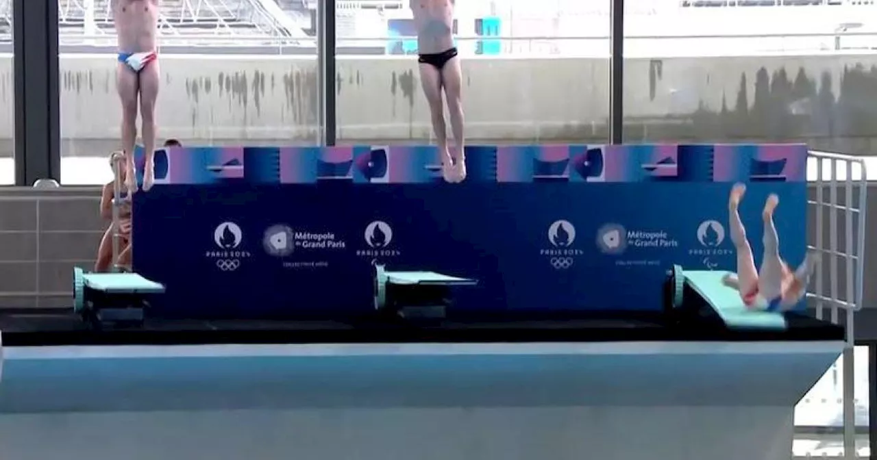 French diver Alexis Jandard slips during Paris Olympic aquatics venue opening ceremony