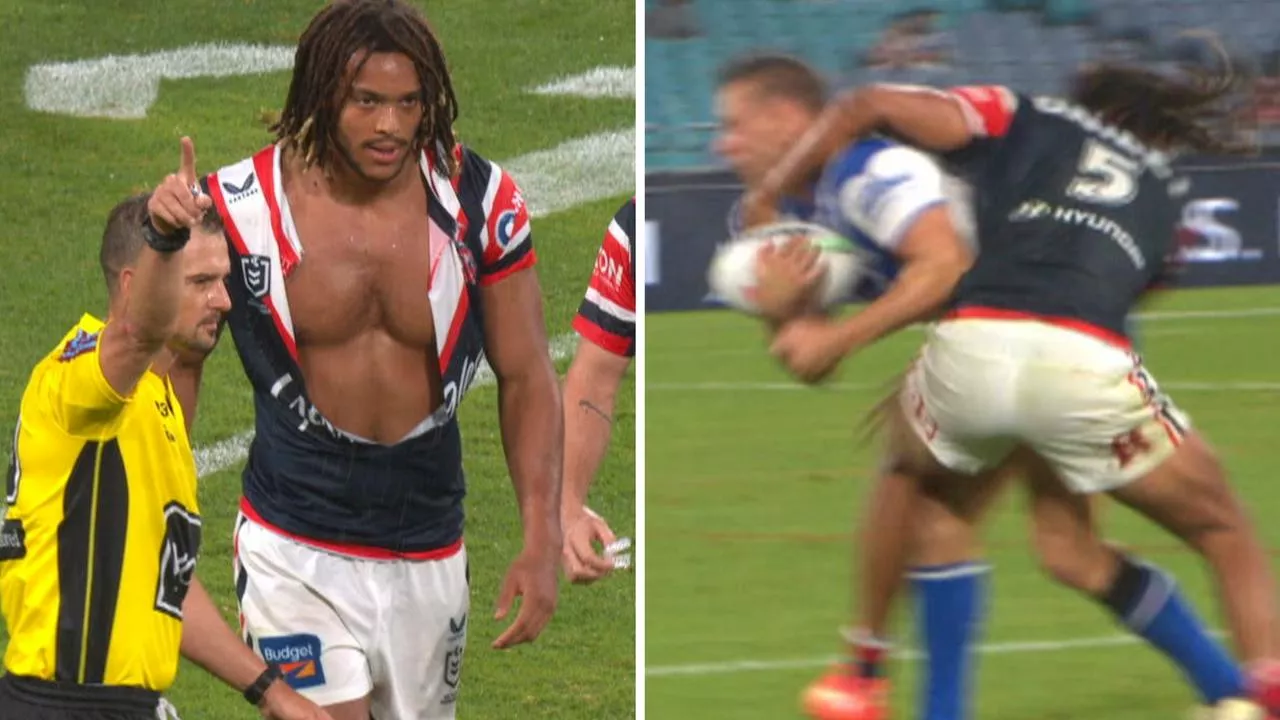 ‘Hit him right on the chin’: Roosters flyer SENT OFF for high shot on Dogs’ No.1