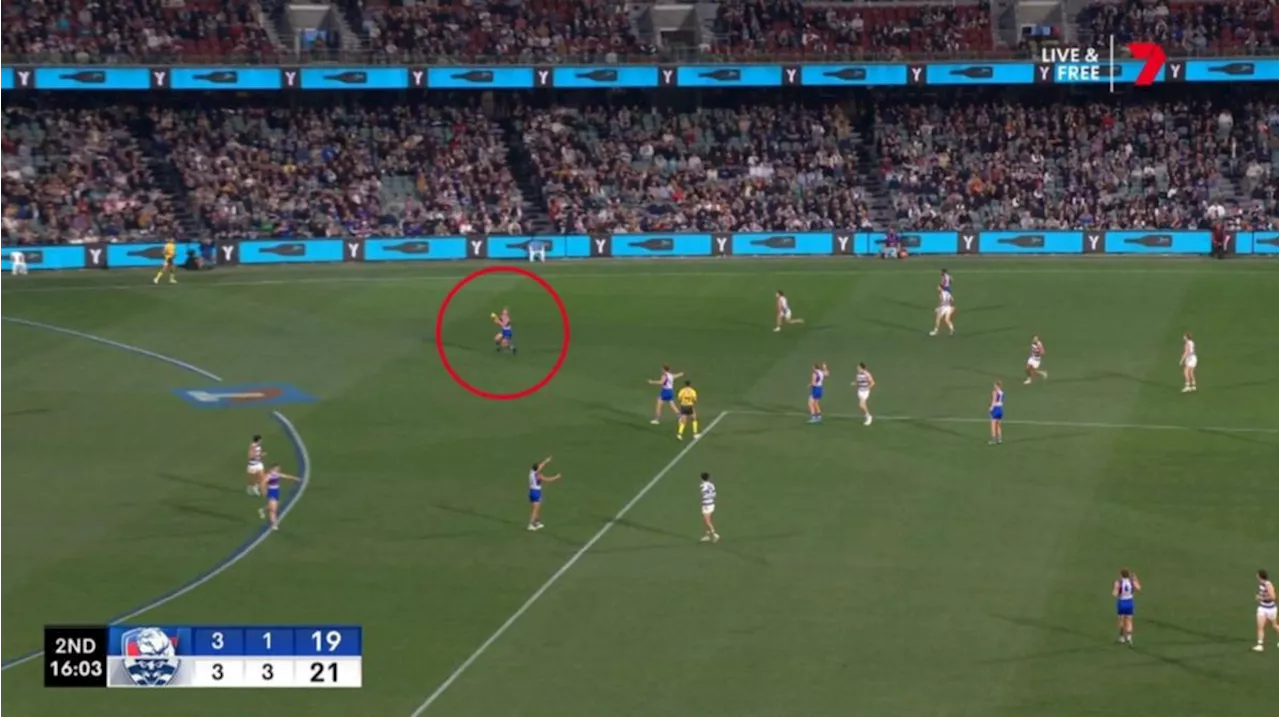 Western Bulldogs young gun Ryley Sanders runs the wrong way against Geelong