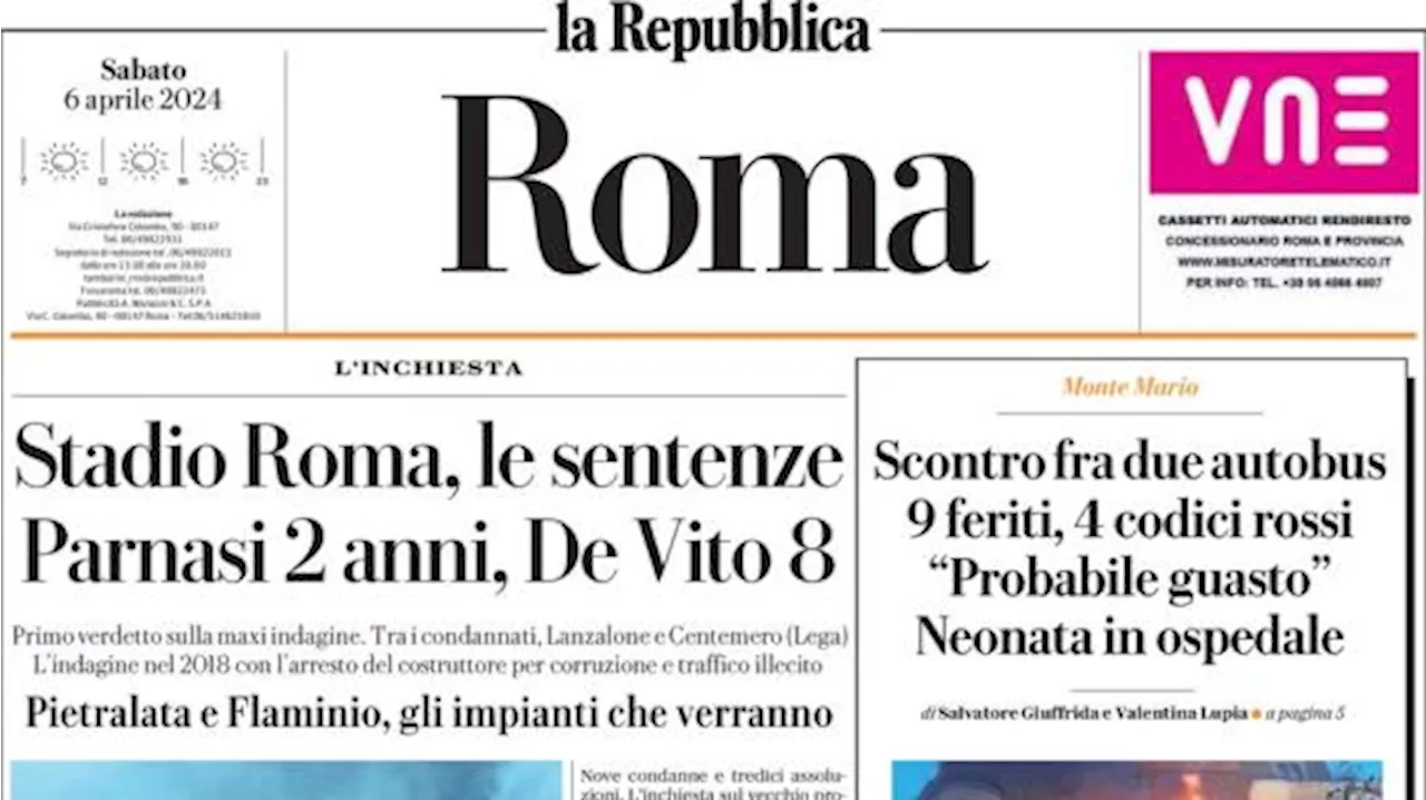 Roma-Lazio in prima pagina su La Repubblica (Roma): 'Derby ad alta tensione'