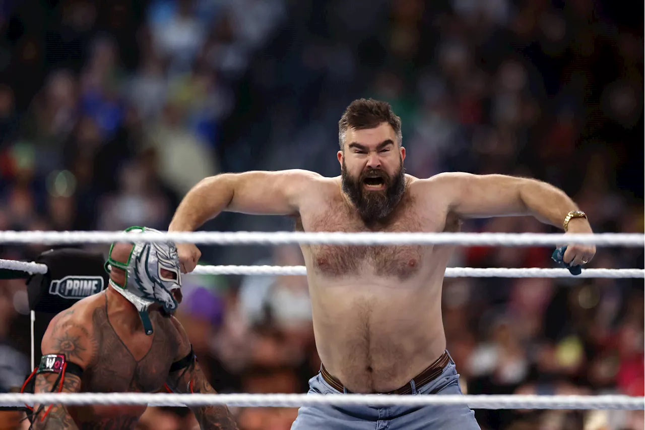 Jason Kelce, Lane Johnson participate in WrestleMania XL, assist WWE Hall of Famer