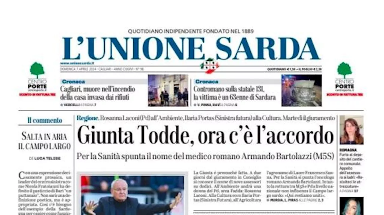 L'Unione Sarda apre con le parole di Ranieri: 'C'è la forza di un'isola'