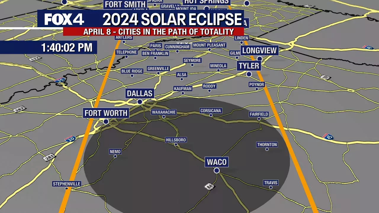 2024 Total Solar Eclipse Path of Totality and Peak Time in North Texas