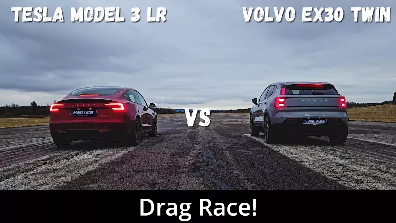 Watch Volvo EX30 Twin Motor Drag Race A Tesla Model 3 Long Range