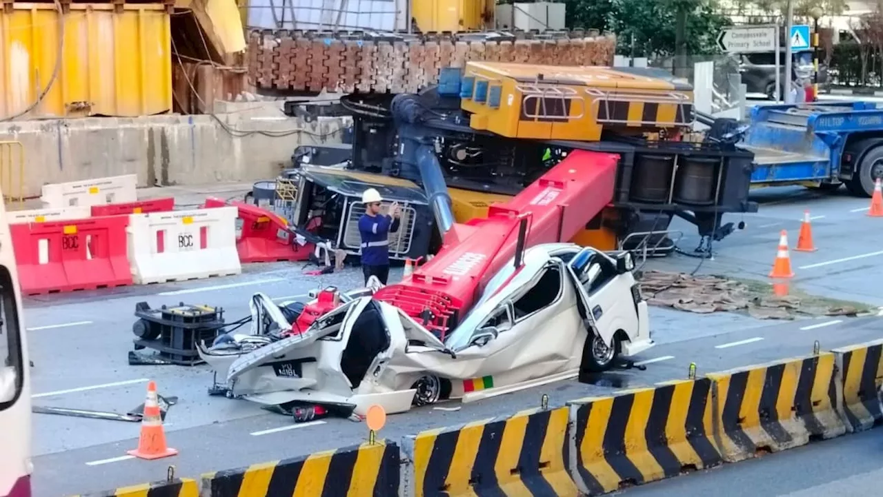 Crane at PUB worksite topples and crushes van in Sengkang; driver taken to hospital