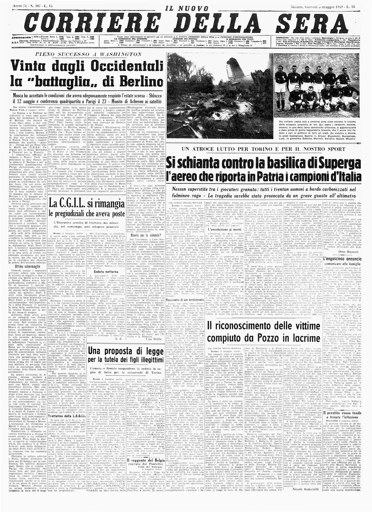 5 maggio 1949, la tragedia di Superga: la prima pagina del Corriere. Aldo Grasso: «Il Grande Torino, primo...