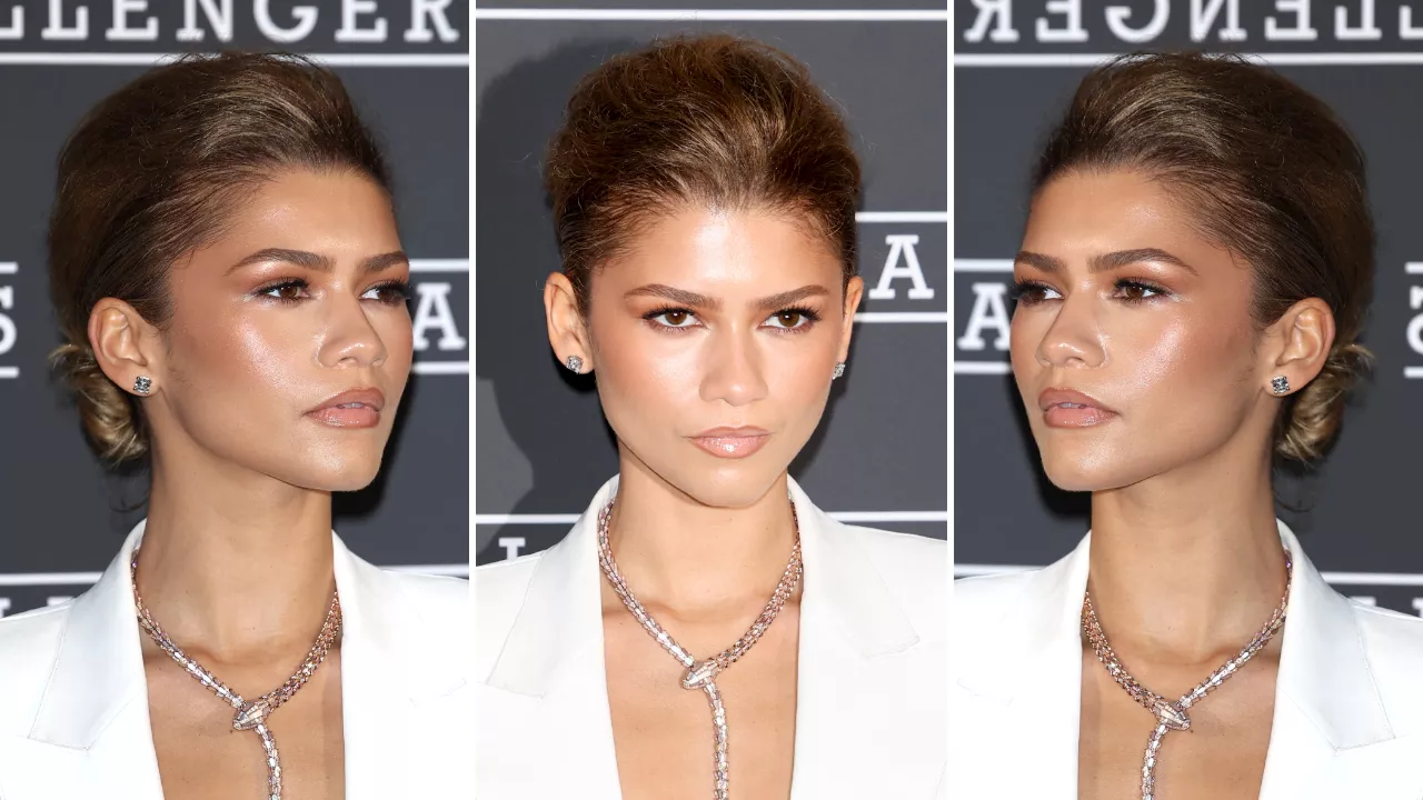 Zendaya, alla première di 'Challengers' con il fake pixie e il trucco colorato elegante