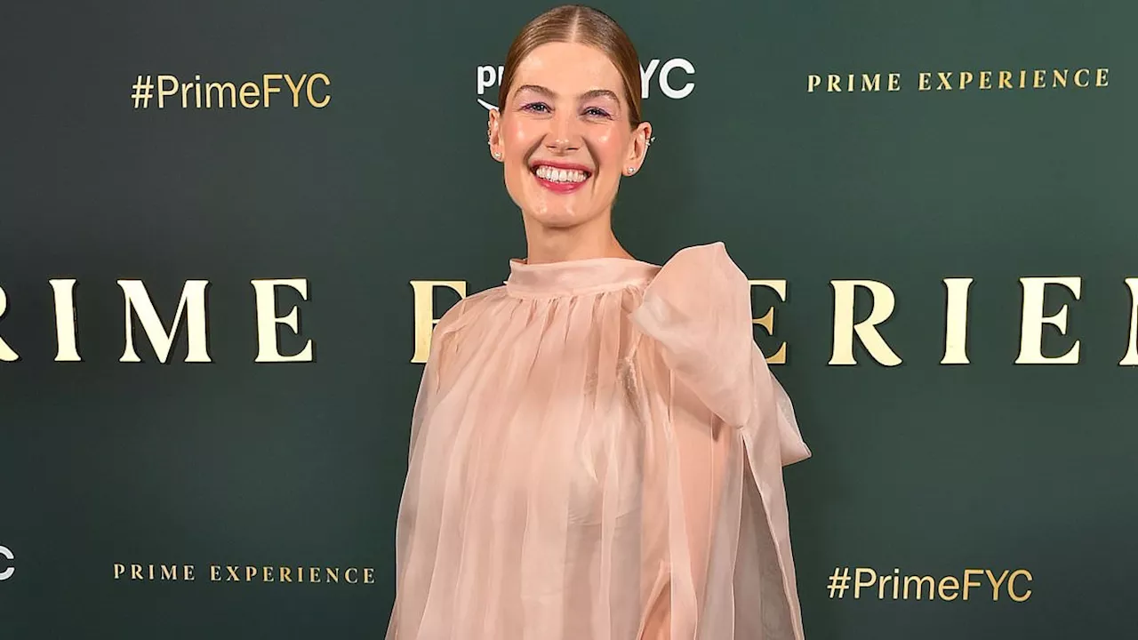 Rosamund Pike jazzes up her semi-sheer pink gown with a pair of brown fluffy heels as she attends...