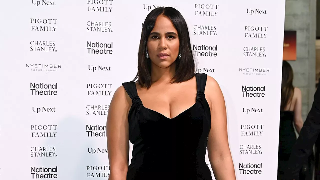 Zawe Ashton flashes her legs in a thigh-split gown as she joins glamorous Trinny Woodall at the...