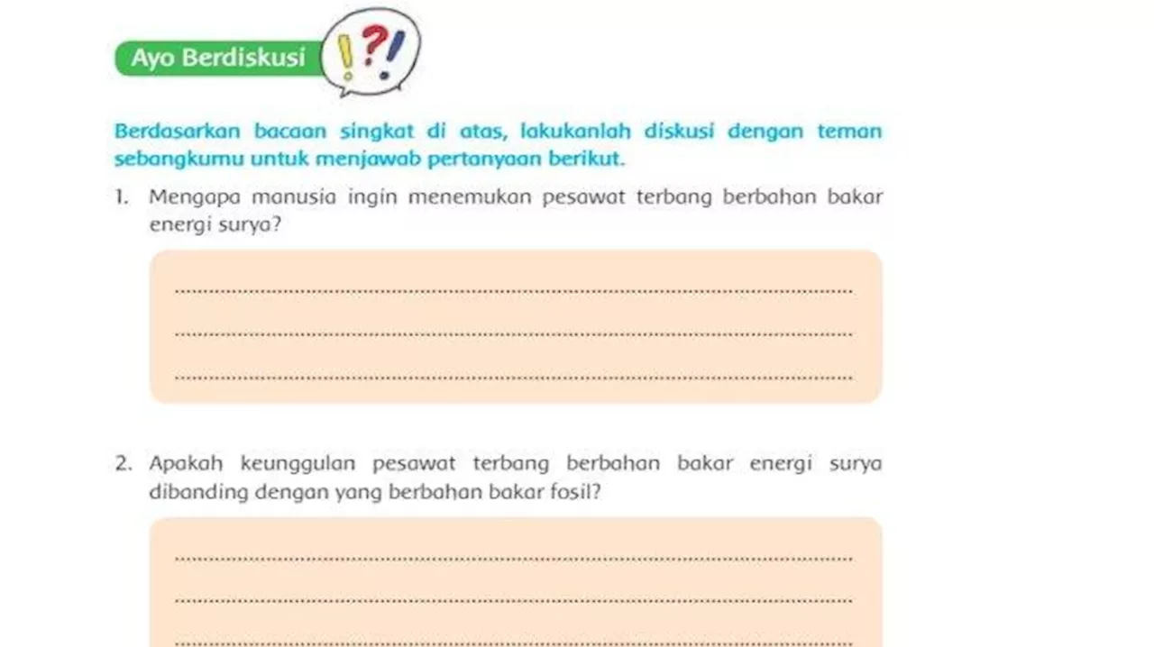 Kunci Jawaban Tema 9 Kelas 6 Halaman 172 Tematik, Pesawat Terbang Berbahan Bakar Energi Surya