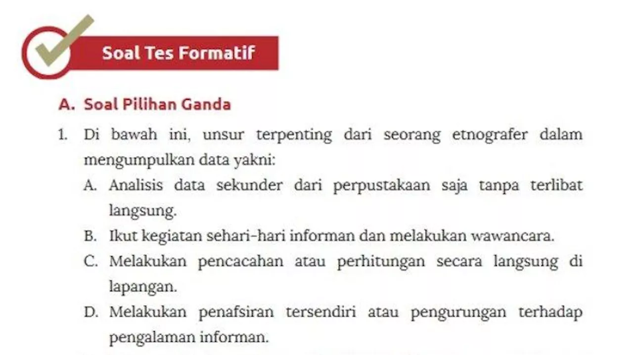 Kunci Jawaban Antropologi Kelas 11 Halaman 247-250 Kurikulum Merdeka, Soal Tes Formatif Bab 3