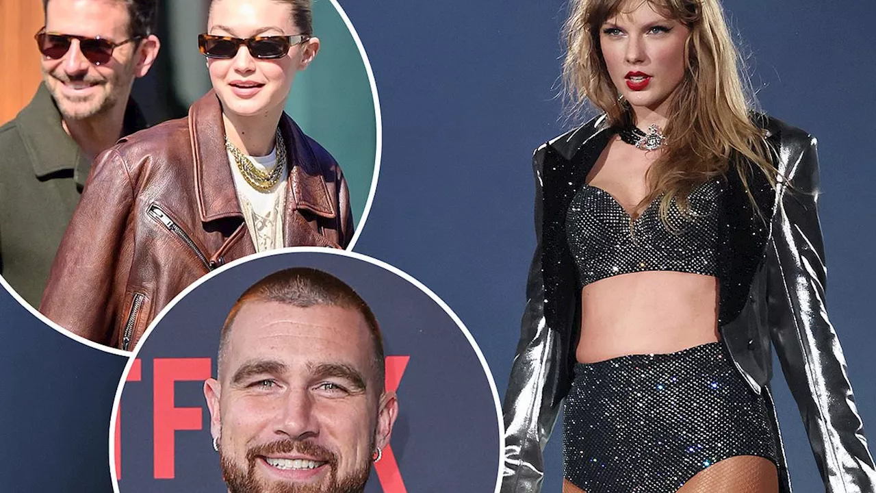 Taylor Swift's boyfriend Travis Kelce and friends Gigi Hadid and Bradley Cooper attend her final...