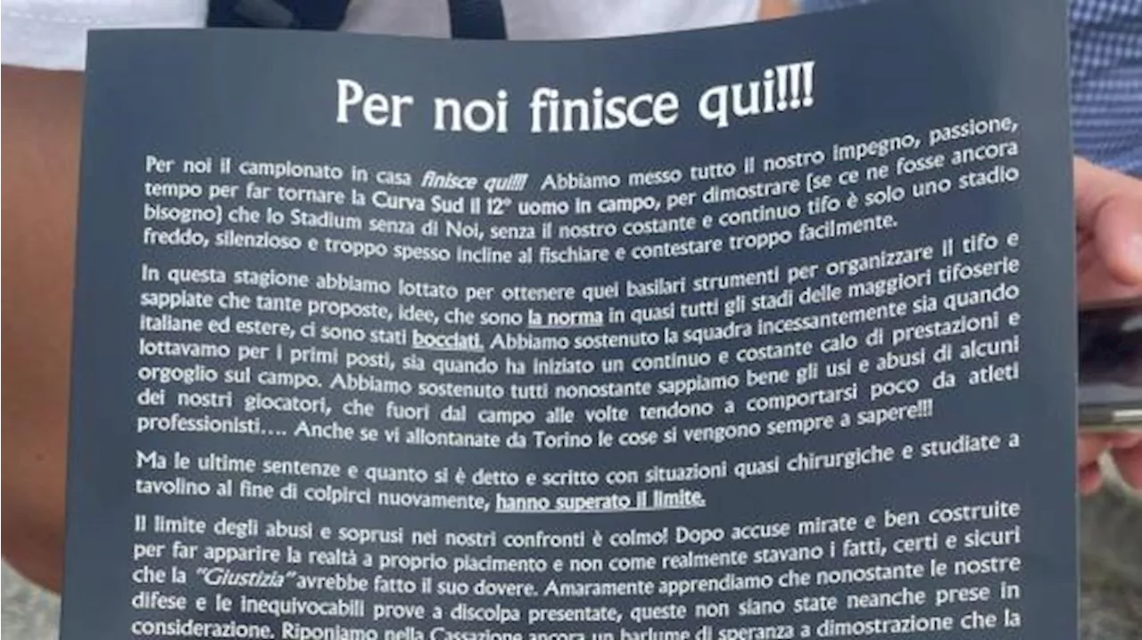 Juventus, la protesta della Curva Sud: 'Il nostro campionato in casa finisce qui'