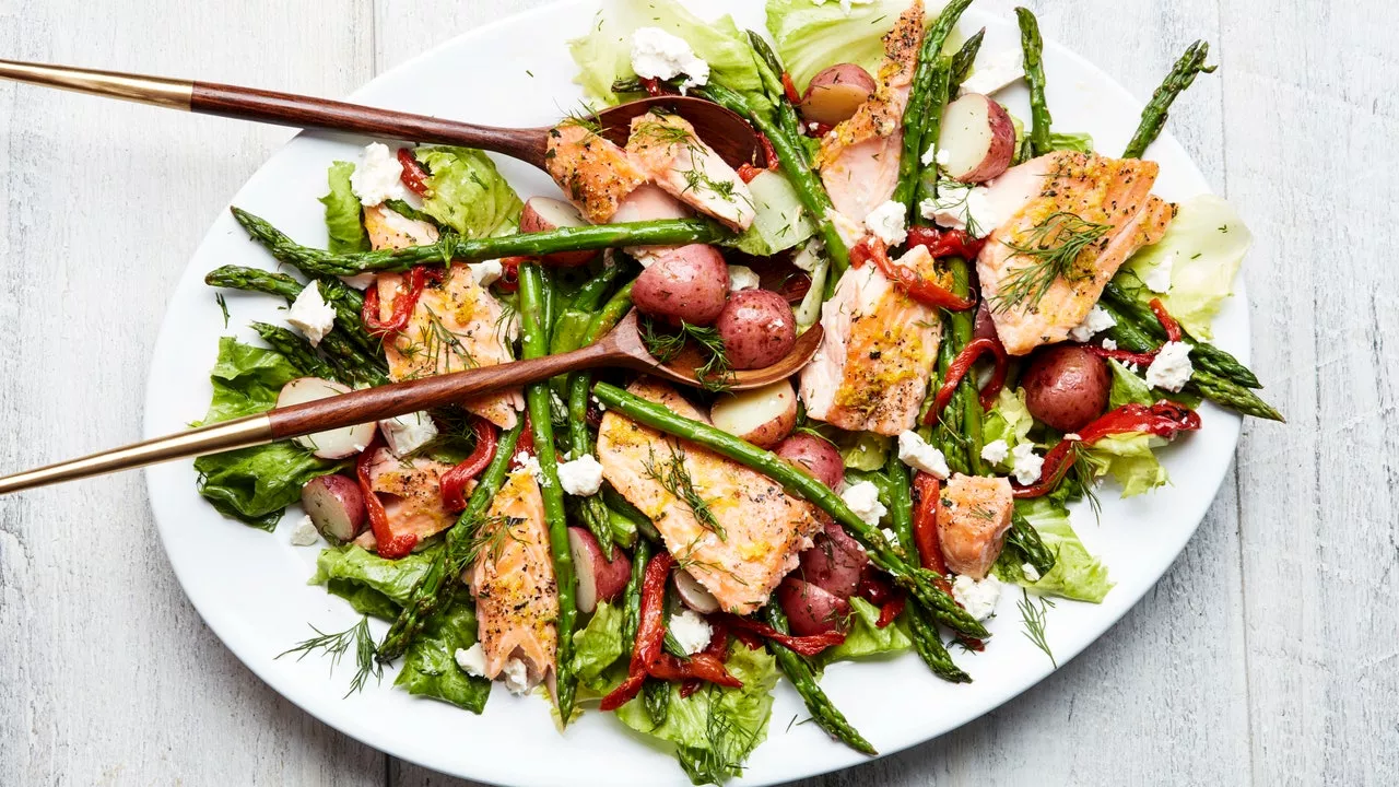 Lemon-Roasted Salmon With Escarole, Asparagus, and Potatoes