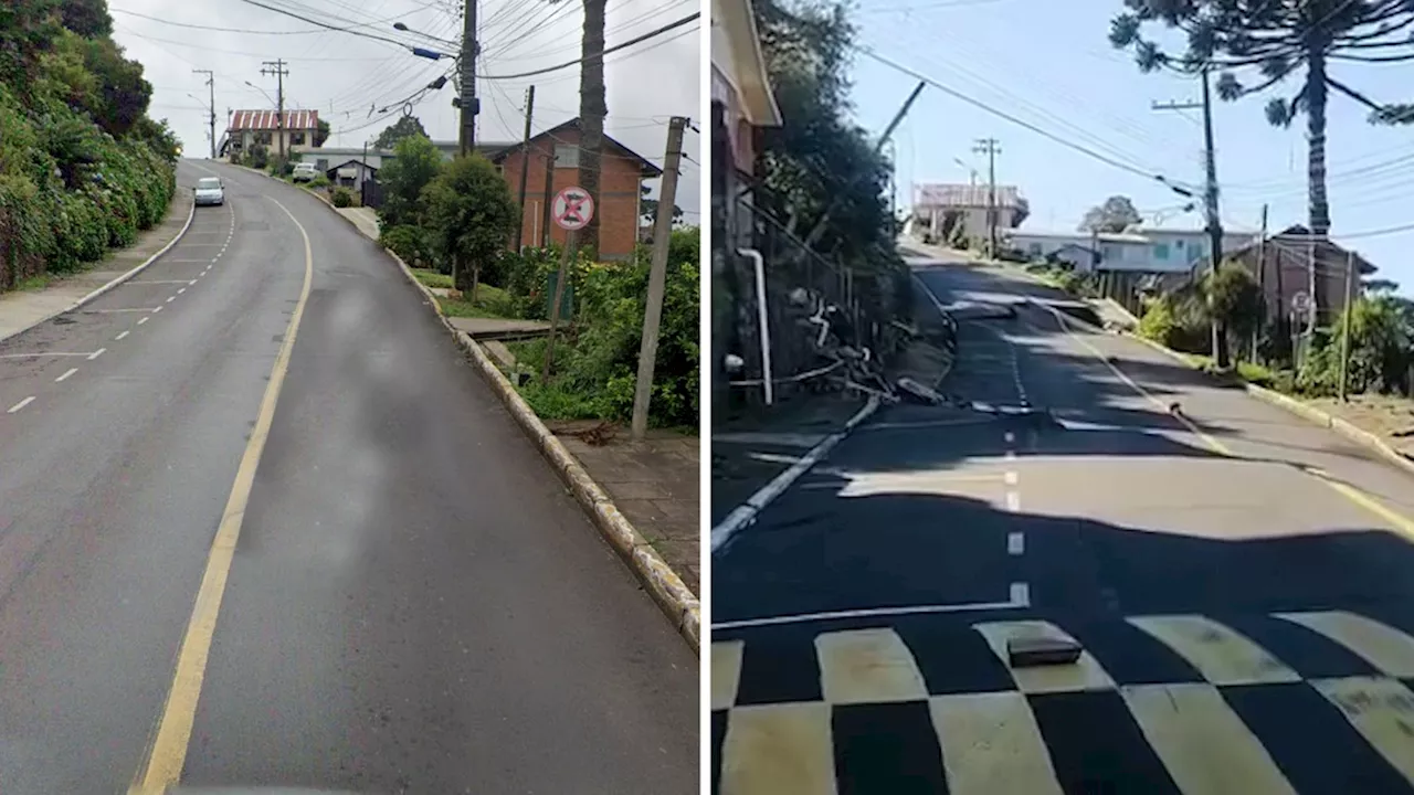 Chuvas no RS: vídeos mostram antes e depois de desmoronamento de rua em Gramado