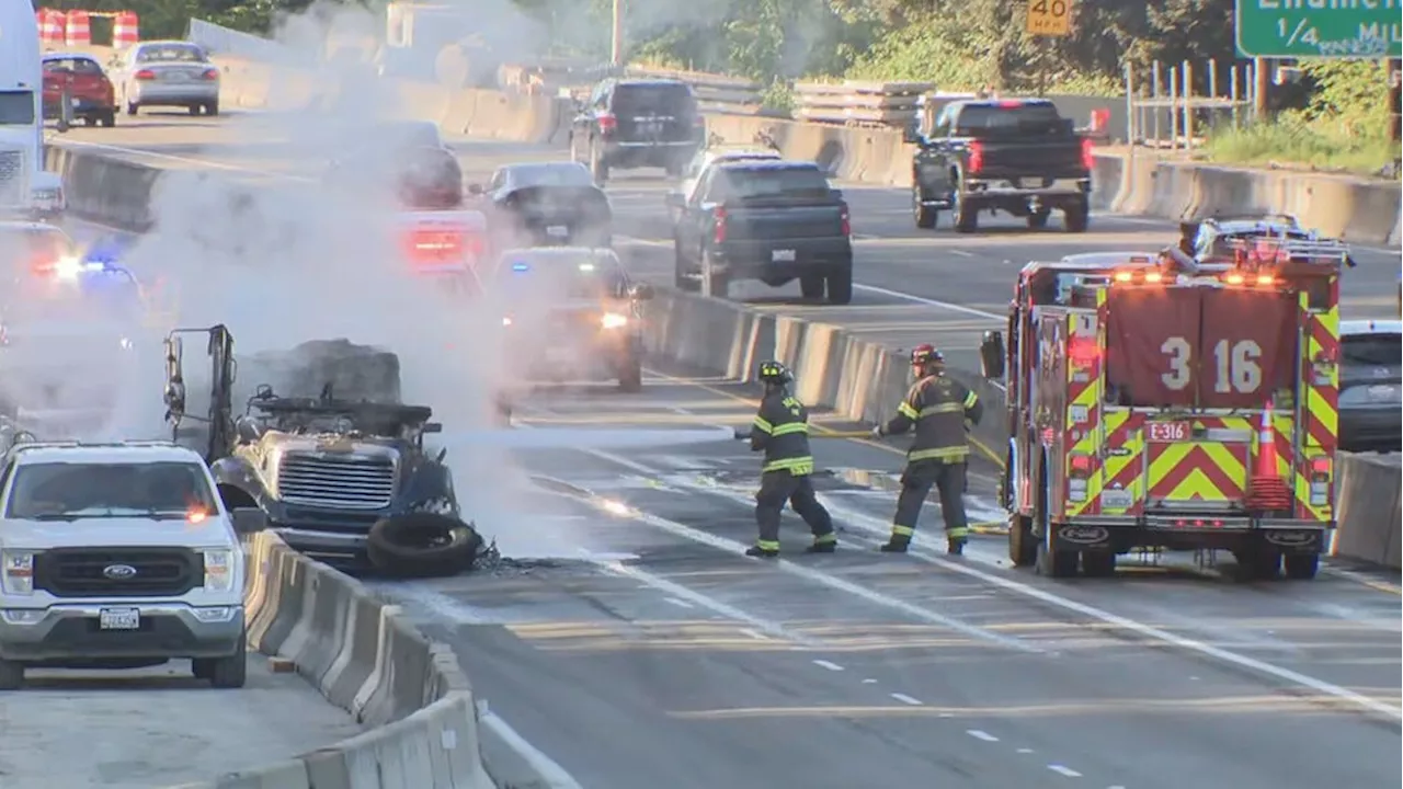 NB I-405 lanes blocked in Renton after hit-and-run collision sparks truck fire