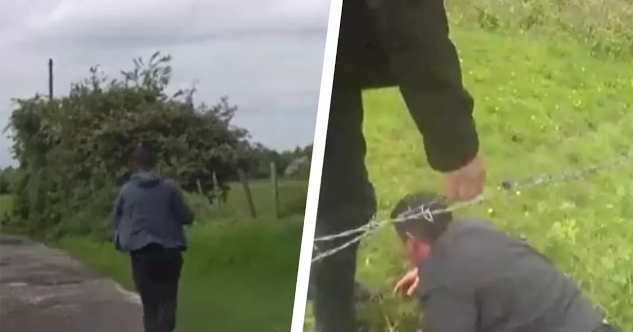 Moment burglar is chased across farmer's field after dumping stolen Range Rover