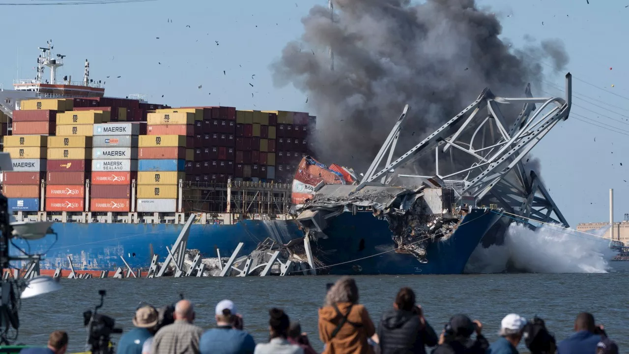 Watch: Moment controlled explosions bring down wreckage of Baltimore bridge