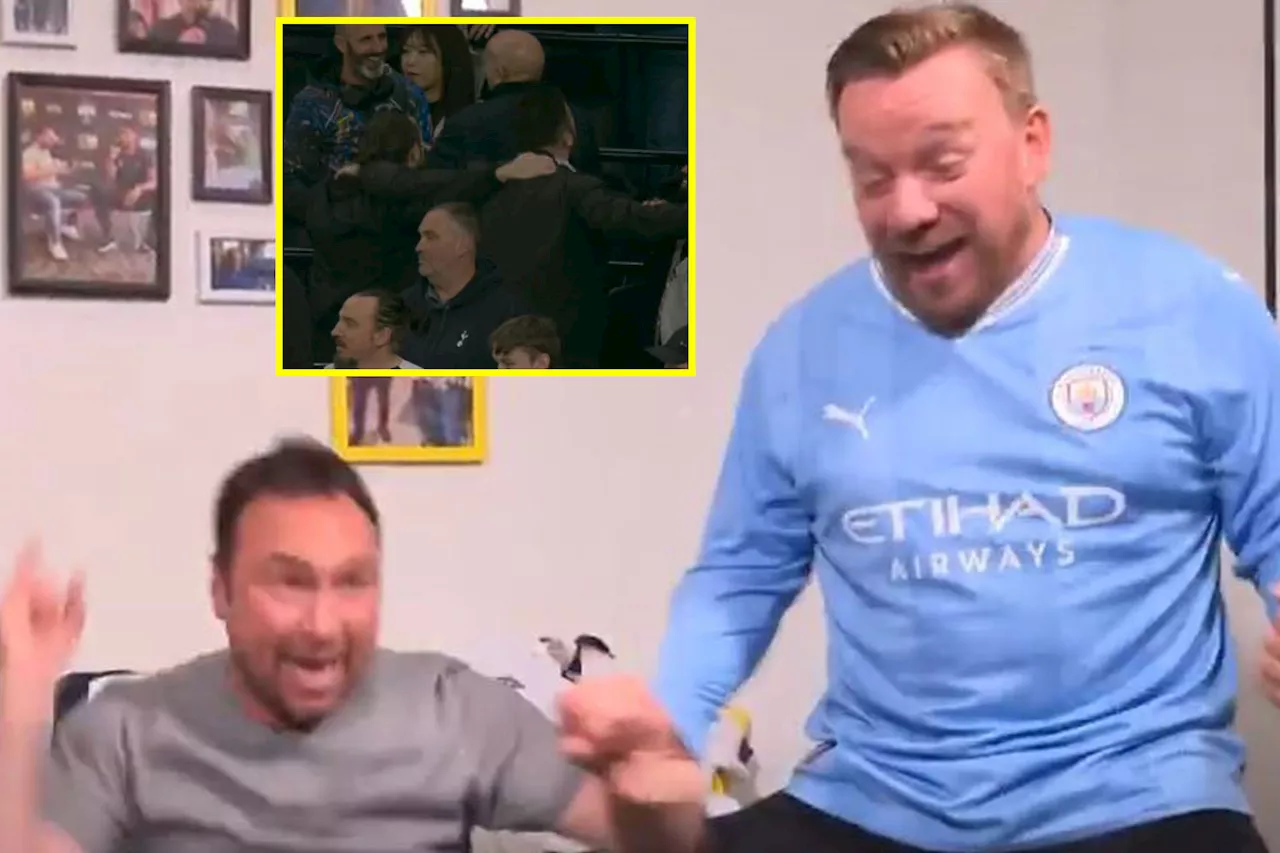 Jamie O’Hara celebrates Man City goal against Tottenham as some Spurs fans do the Poznan...