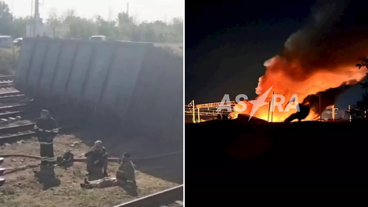 Massive explosion as Ukrainian kamikaze drones blast Russian freight train blocking Putin’s key missile s...