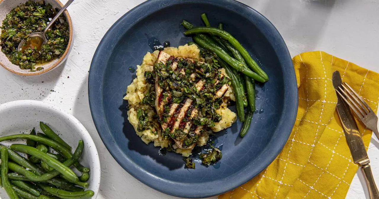 Grilled Swordfish With Quick Crushed Potatoes and Parsley-Caper Relish