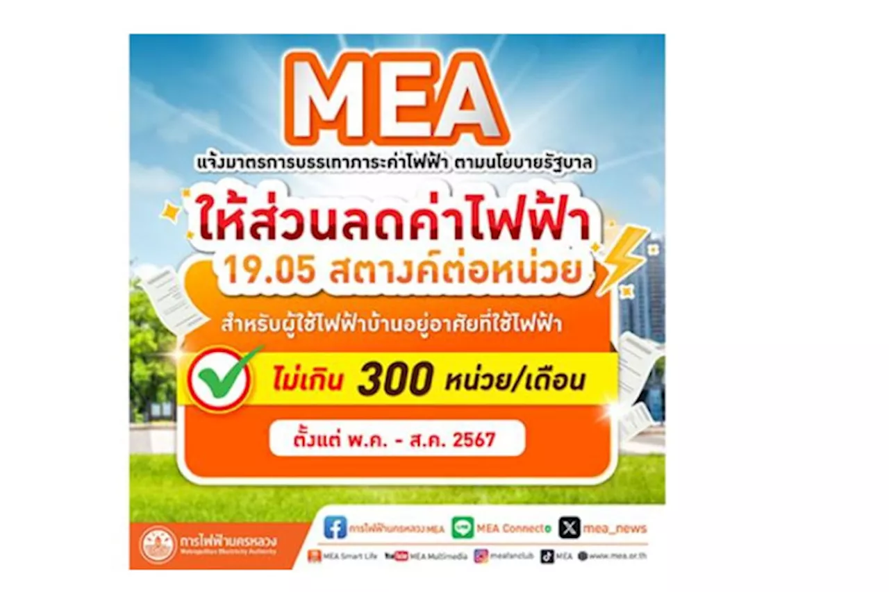 เช็กรายละเอียดที่นี่! MEA ให้ส่วนลดค่าไฟ 19.05 สต./หน่วย ผู้ใช้ไฟบ้านไม่เกิน 300 หน่วย/เดือน