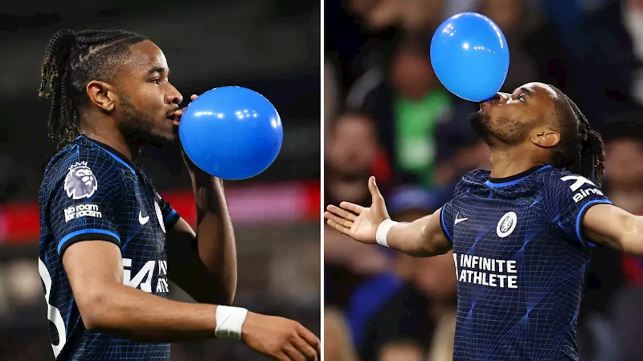 Chelsea forward Christopher Nkunku celebrates goal vs Brighton by blowing up balloon