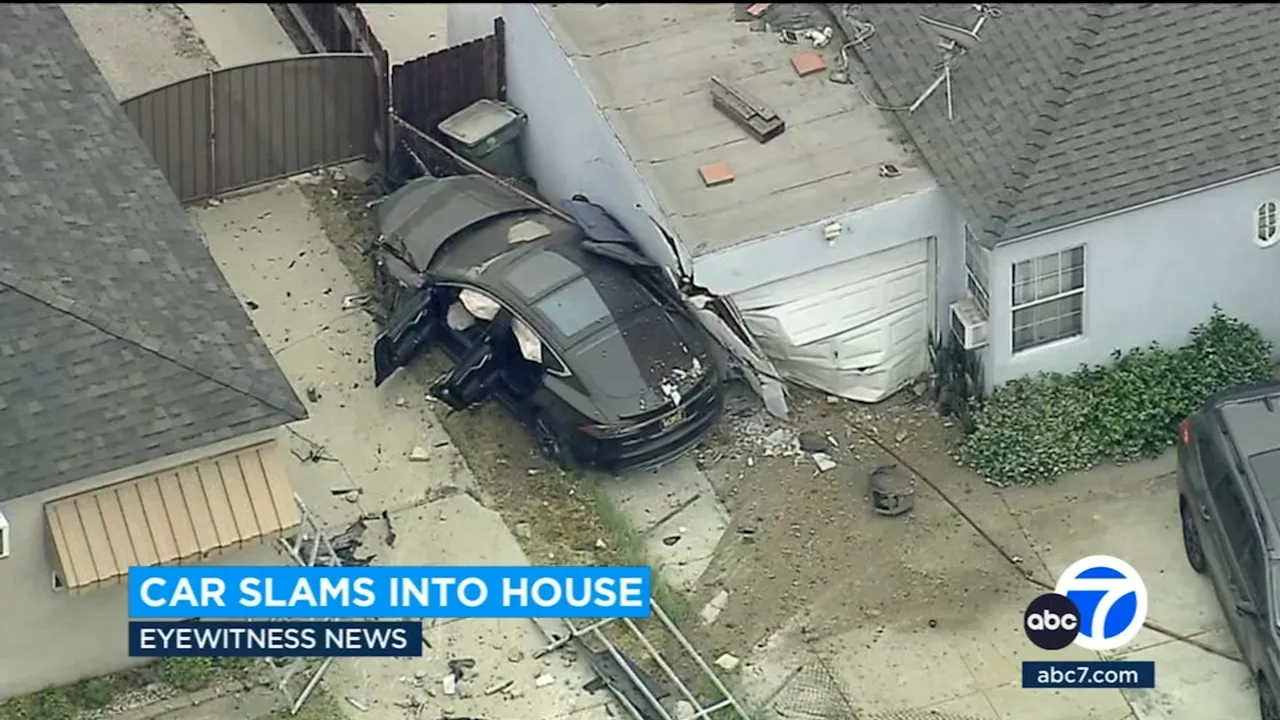 Video shows Tesla careen out of control before crashing into garage of Burbank home