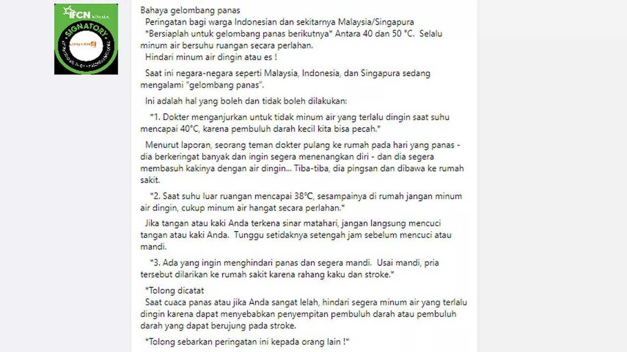 Cek Fakta: Tidak Benar Stroke Dipicu Minum Air Dingin saat Gelombang Panas Melanda Indonesia