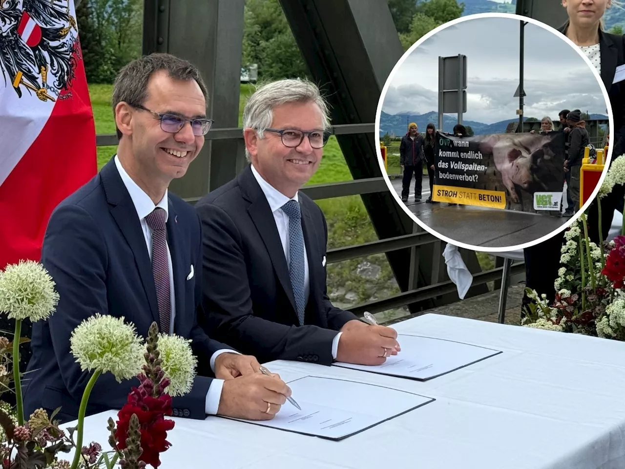 Rhesi-Staatsvertrags-Unterzeichnung mit Minister Totschnig und VGT-Protest