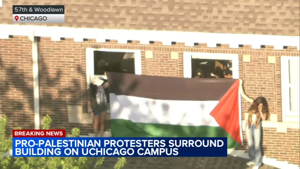 UChicago Institute of Politics surrounded by pro-Palestinian protesters, some climb on building