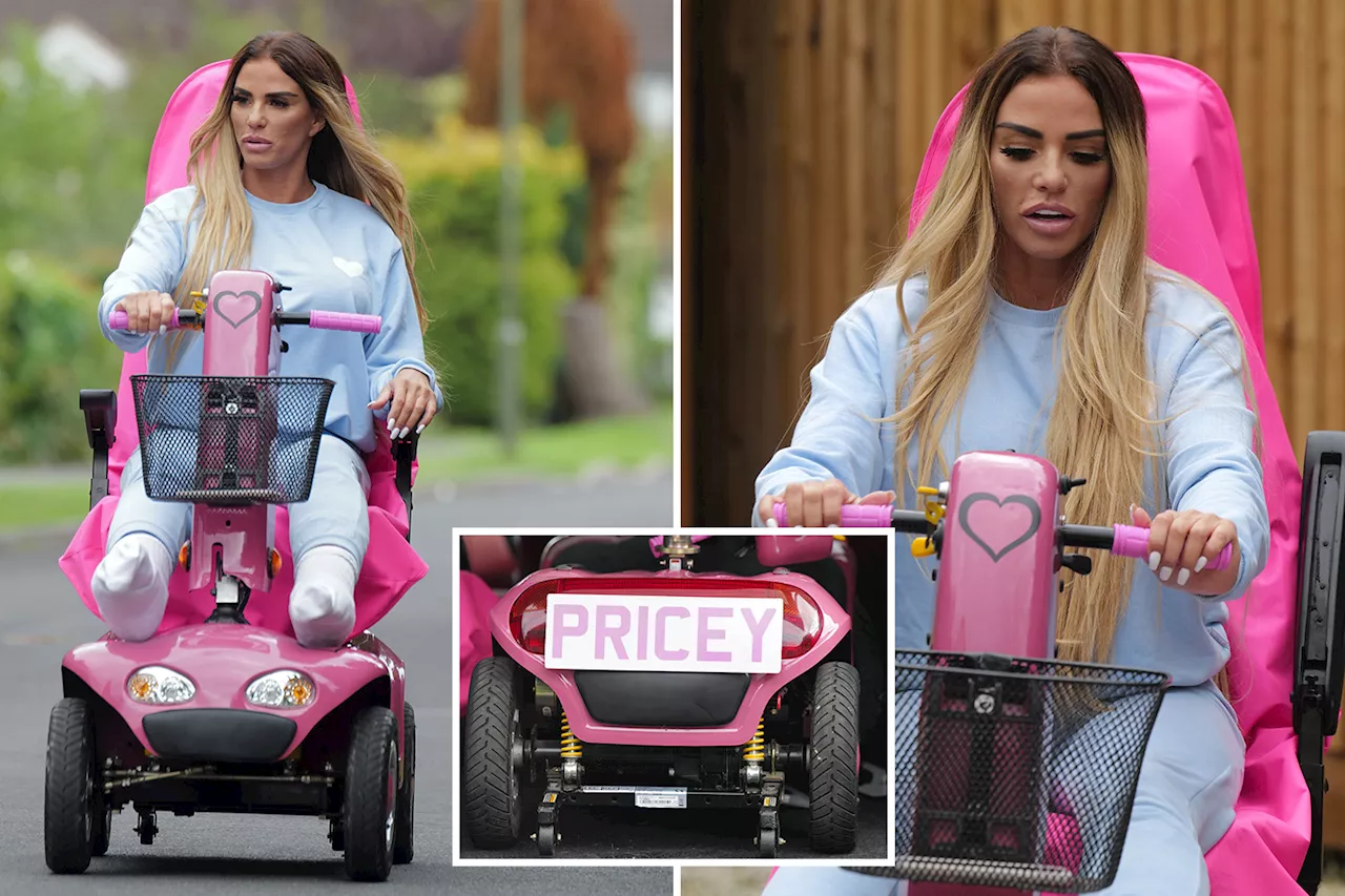 Katie Price tests out her new pink motorised scooter as she recovers from feet operations...