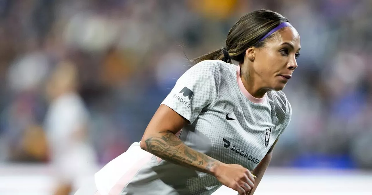 Sydney Leroux and Annaig Butel score during Angel City's loss to Washington Spirit