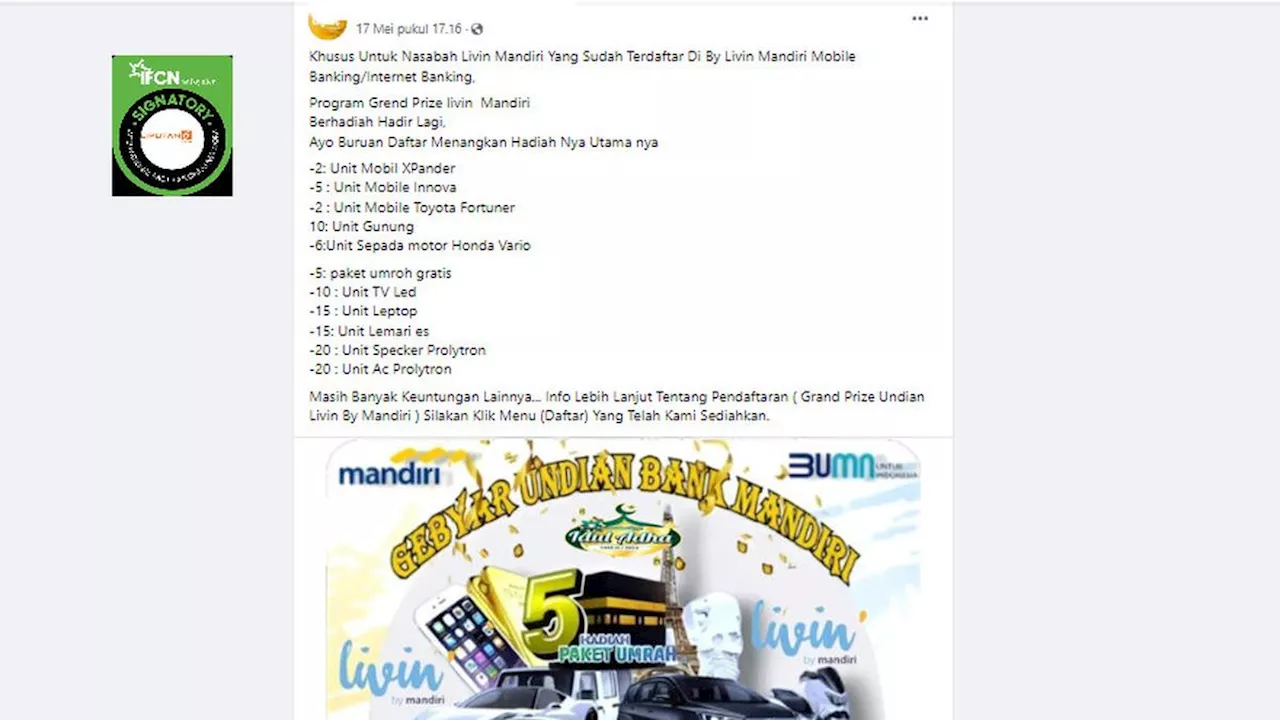 Cek Fakta: Tidak Benar Pembagian Hadiah Lewat Program Grand Prize Livin Bank Mandiri