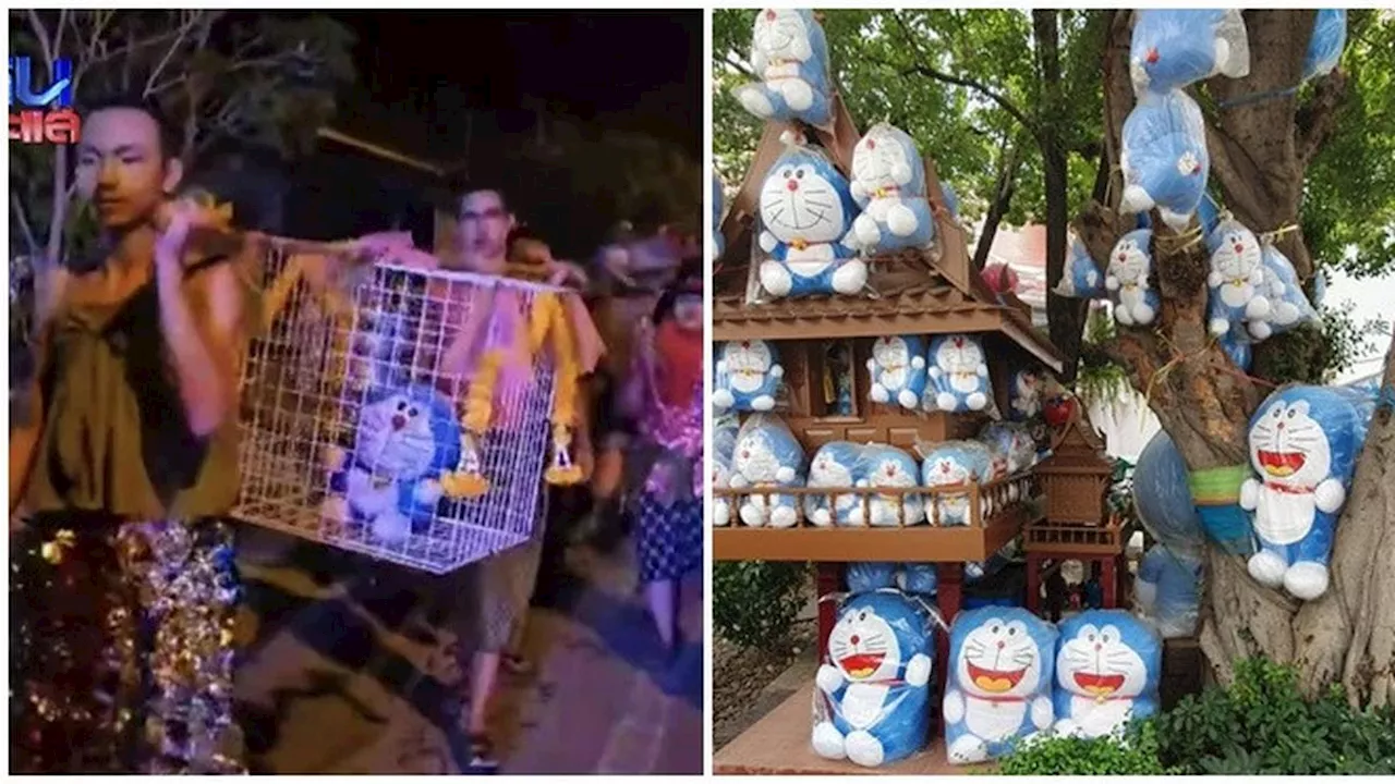 Bukan Kucing, Warga Thailand Ini Pilih Pakai Boneka Doraemon untuk Ritual Minta Hujan