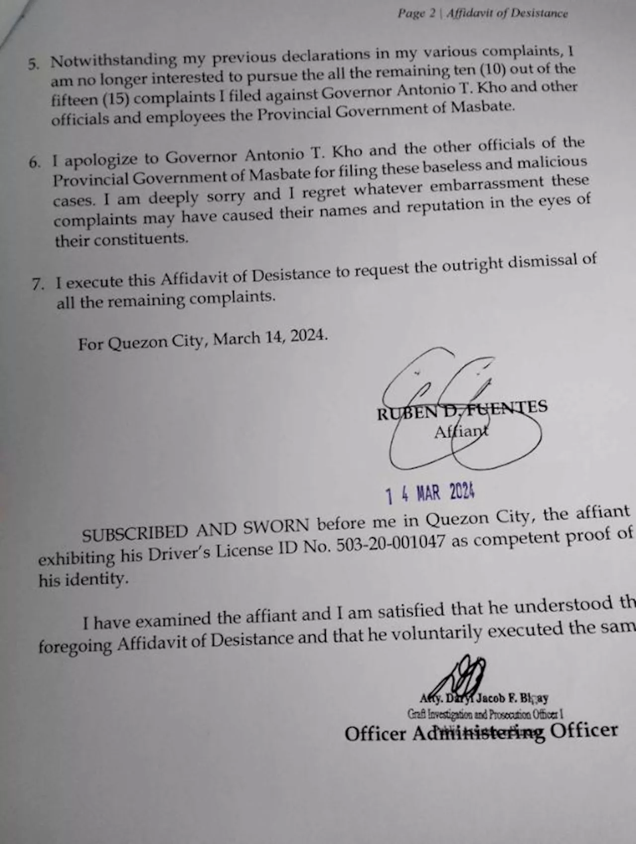 Complainant drops all pending graft raps vs Gov. Kho