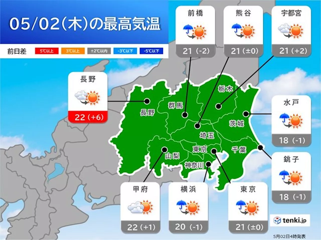 2日の関東 天気回復 晴れて過ごしやすい陽気に ゴールデンウイーク後半は行楽日和(気象予報士 小野 聡子 2024年05月02日)