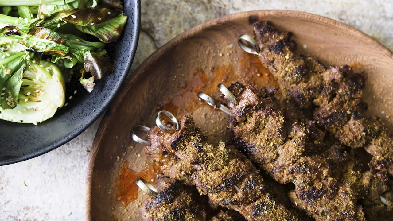 Sizzling, twice-spiced beef skewers add a twist to a Memorial Day barbecue