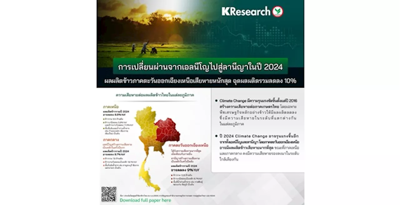 ศูนย์วิจัยกสิกรฯ คาดการเปลี่ยนผ่านจากเอลนีโญไปสู่ลานีญาในปี 2024 ผลผลิตข้าวภาคตะวันออกเฉียงเหนือเสียหายหนักสุด ฉุดผลผลิตรวมลดลง 10%